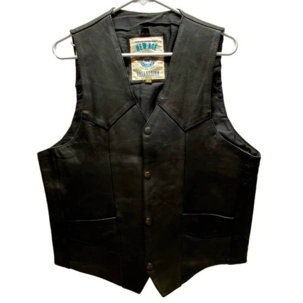 New Age Collection Motorcycle Vest Men's 40‎ Black Genuine Leather Snap Vintage